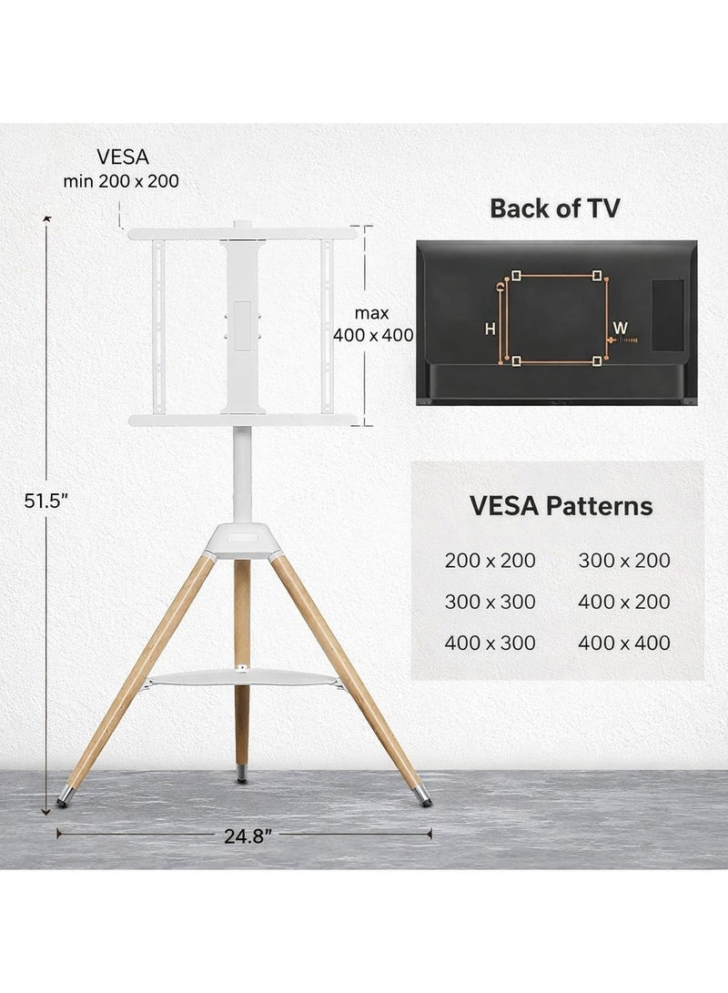 BEETEC Tripod TV Floor Stand with Wooden Legs for 32–65 Inch Flat Screen TVs, Height Adjustable TV Stand with Swivel & Tilt, VESA 400x400mm, Max Load 35 kg, AV Shelf 5 kg Capacity, White | TF-FS65W - Image 3